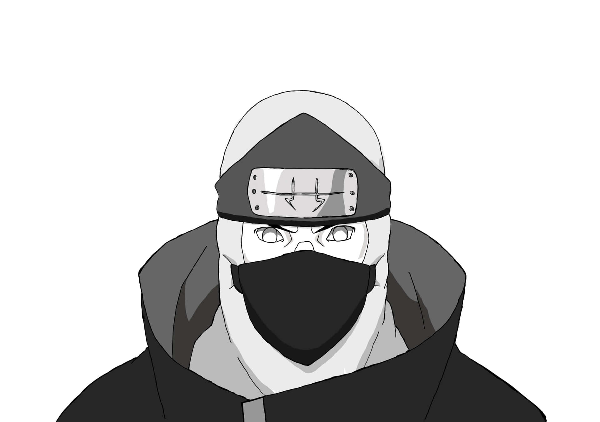 Akatsuki Kakuzu 桌布 壁紙 — 一個嚴肅的蒙面忍者，身穿深色斗篷和頭帶，在純白背景下強烈凝視。