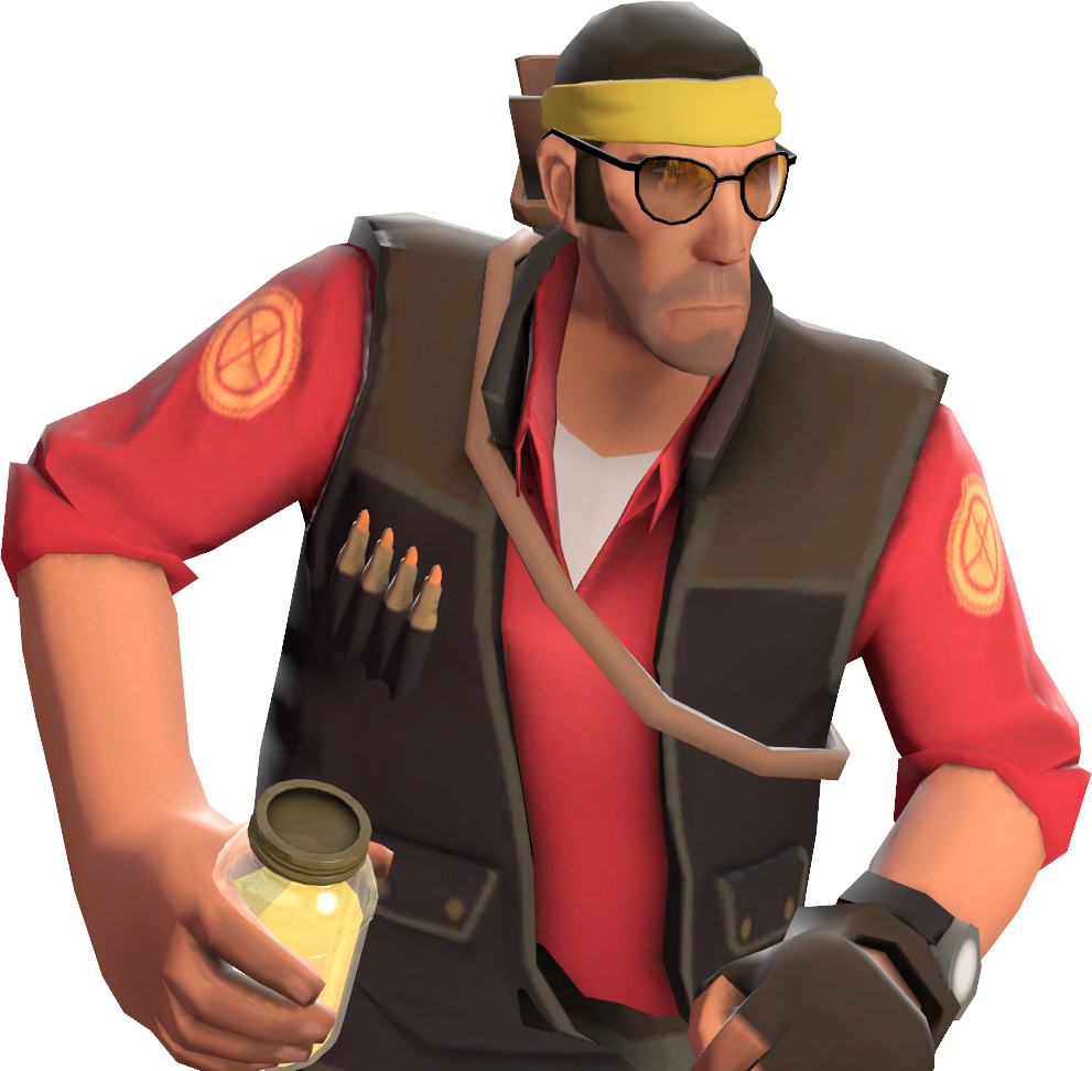 T F2 Engineer With Wrenchand Goggles 壁紙 — 一個嚴肅的電子遊戲角色，身穿紅色襯衫和背心，戴著眼鏡和黃色頭帶，手持發光的罐子。