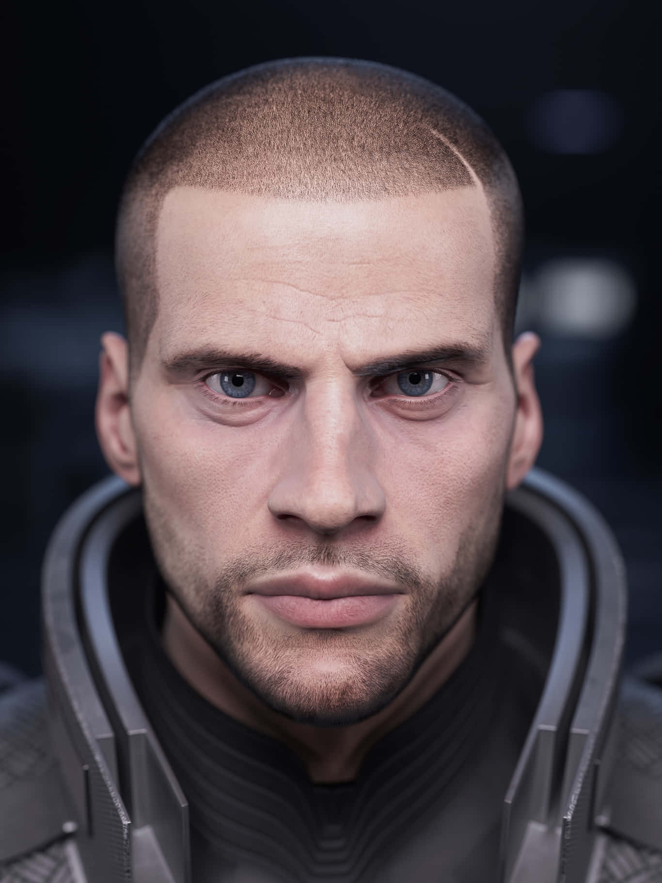 Commander Shepard 桌布 壁紙 — 一個嚴肅面孔、剃光頭、藍眼睛的男人穿著未來盔甲，在黑暗背景下的特寫。