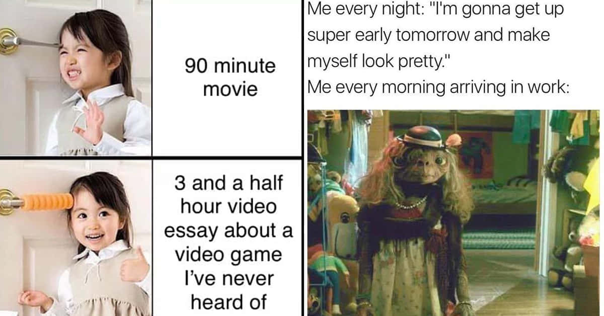 Time Management Memes 桌布 壁紙 — 一個四格迷因，展示孩子充滿希望的早晨例行公事，與一個在凌亂房間裡疲憊的外星人形成對比。