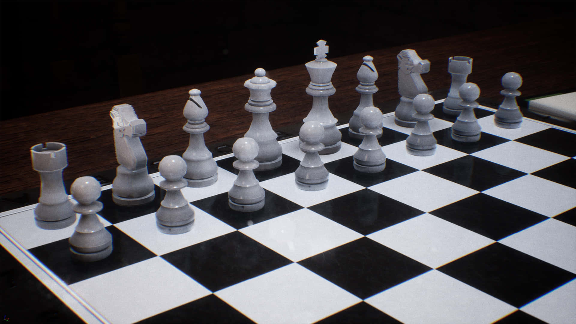 Chessboard 桌布 壁紙 — 一個國際象棋套裝的特寫，白色棋子排列在黑白棋盤上，背景為深色木質。