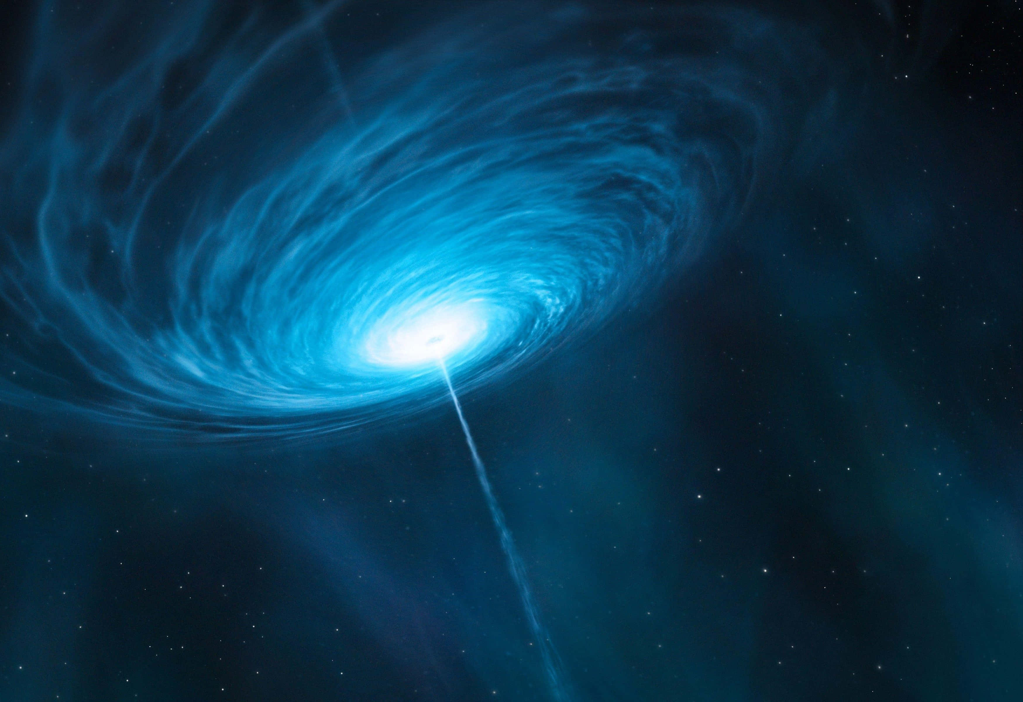 Quasar 桌布 壁紙 — 一個圍繞明亮中心黑洞旋轉的藍色吸積盤，向繁星宇宙發射出一道光芒噴流。