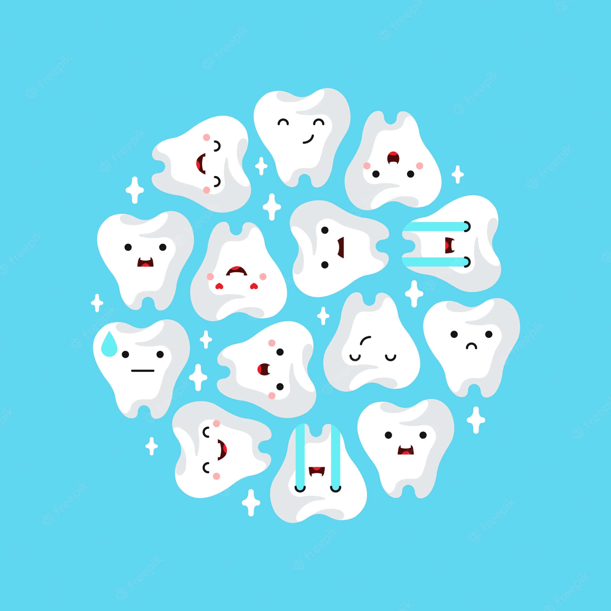 Tooth 桌布 壁紙 — 一個圓圈內有可愛卡通牙齒，表情各異並戴著牙套，背景為淺藍色。