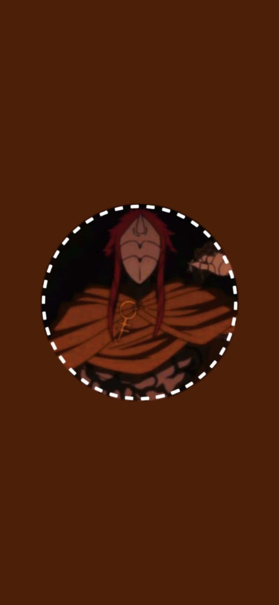The Promised Neverland Sonju 桌布 壁紙 — 一個圓形動漫肖像，描繪一個紅髮角色穿著橙色長袍，背景為深色，並由一個白色虛線圓圈框在棕色田野上。