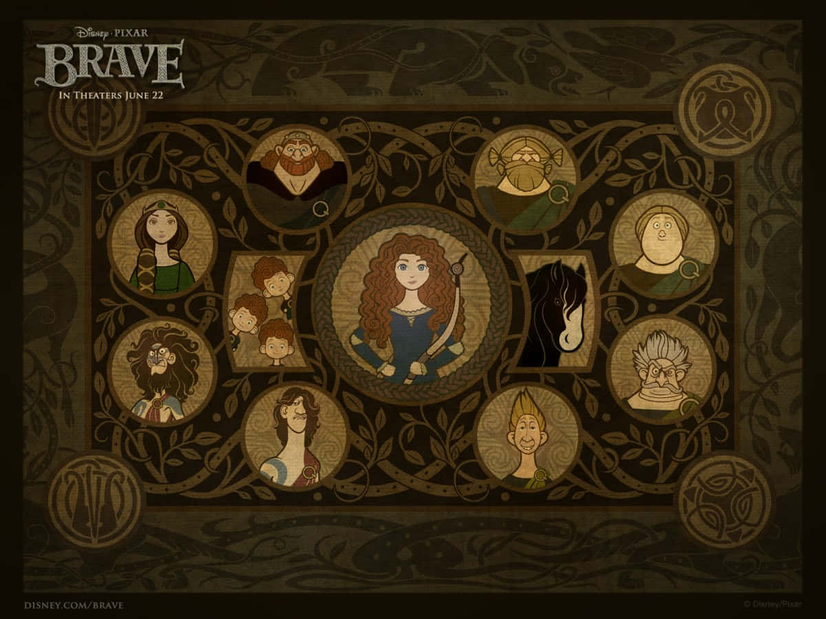 Brave 桌布 壁紙 — 一個圓形嘅《勇敢傳說》角色肖像拼貼，用凱爾特風格嘅藤蔓圍繞住，背景係深啡色。