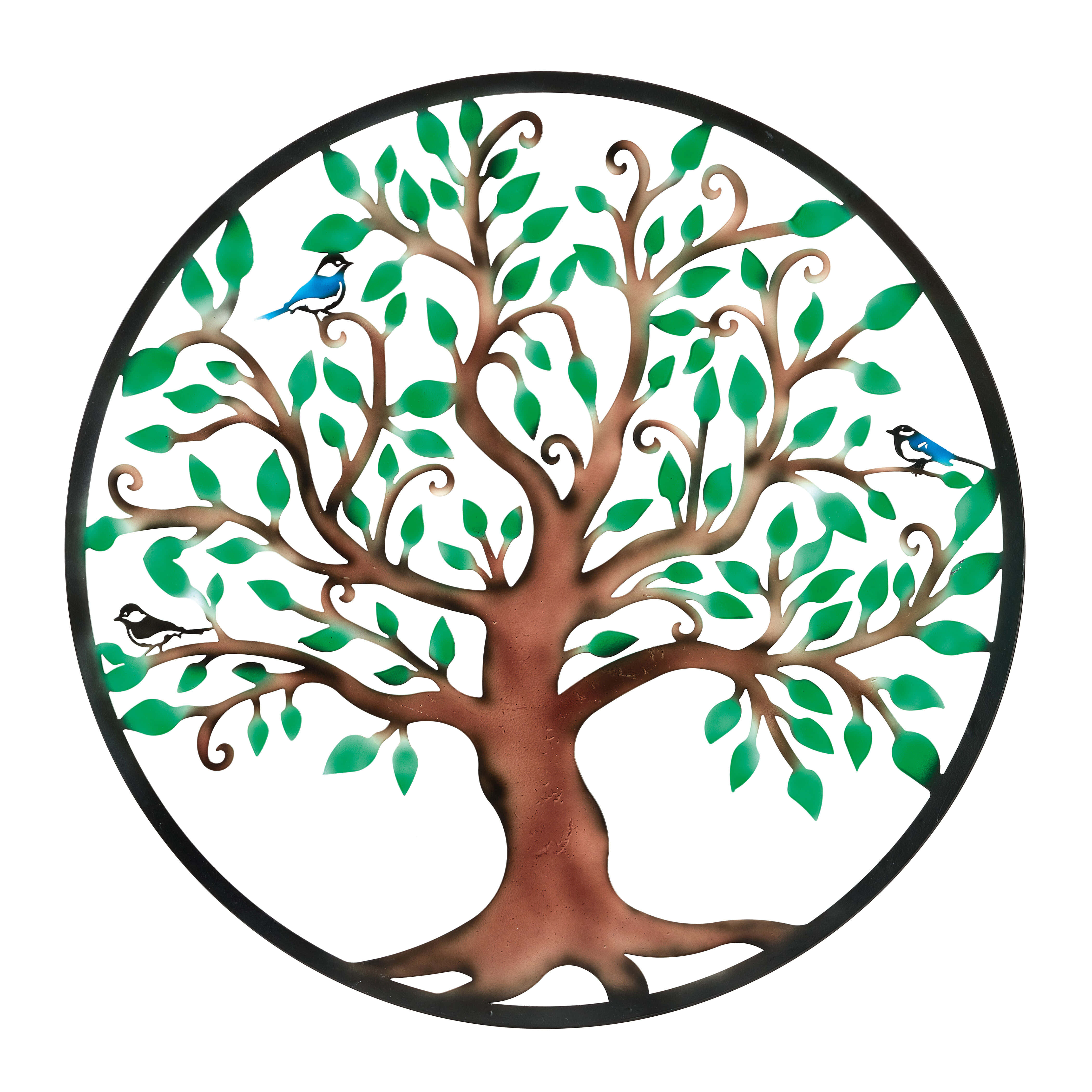 Tree Of Life 桌布 壁紙 — 一個圓形框架內，有一棵風格化的金屬樹，樹上長著綠葉，三隻鳥棲息在蜿蜒的樹枝上。
