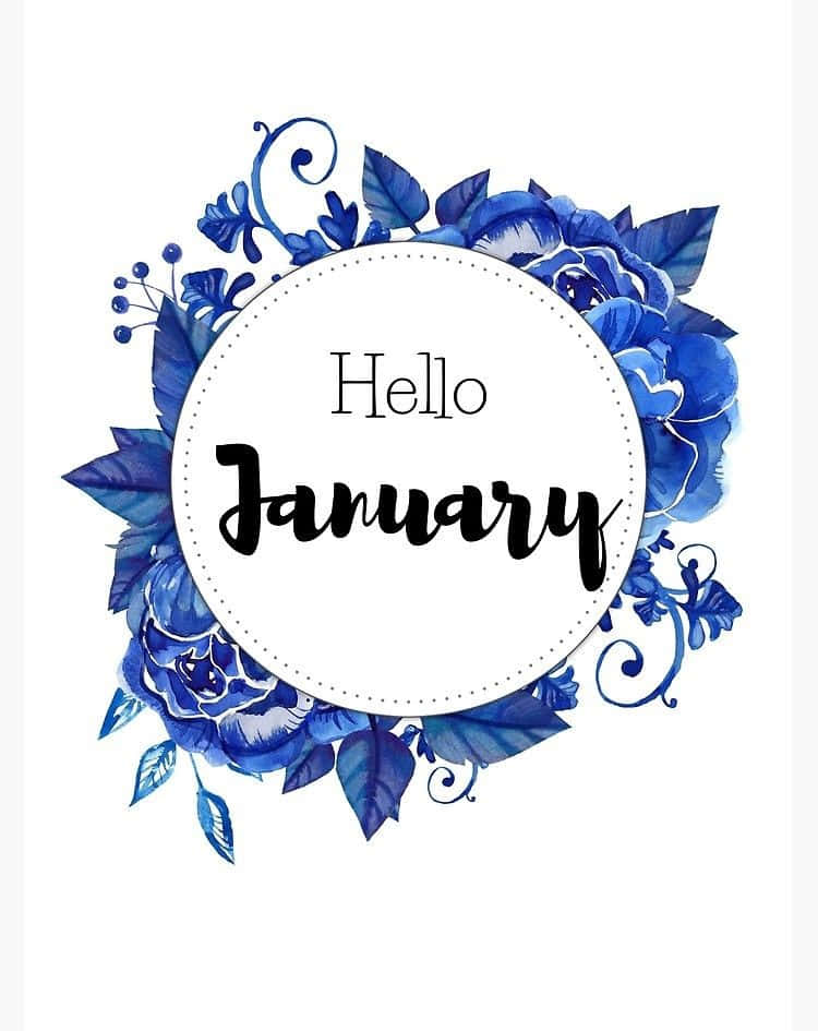 一月 桌布 壁紙 — 一個圓形白色框架，上面有「Hello January」文字，周圍環繞著充滿活力的藍色花卉花環，帶有旋轉的藤蔓。