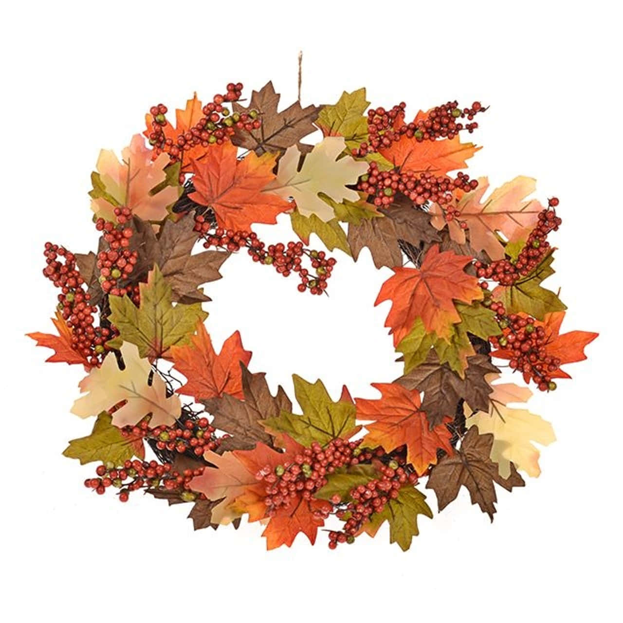 Fall Wreath 桌布 壁紙 — 一個圓形秋季花環，飾有鮮豔的橙色、棕色和綠色楓葉，並點綴著成簇的紅色漿果。