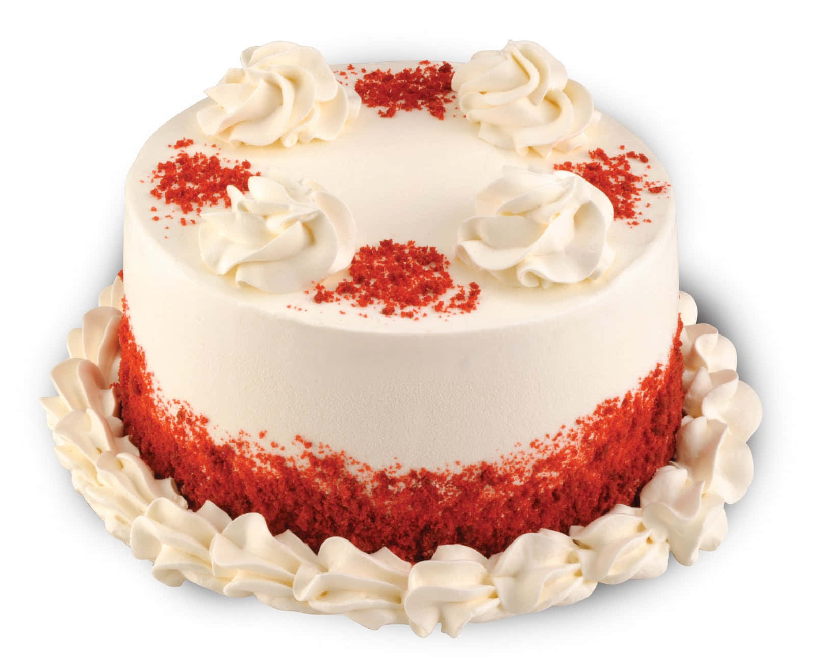 Red Velvet Cake 桌布 壁紙 — 一個圓形紅絲絨蛋糕，帶有白色糖霜漩渦和紅色碎屑配料，放在白色盤子上。