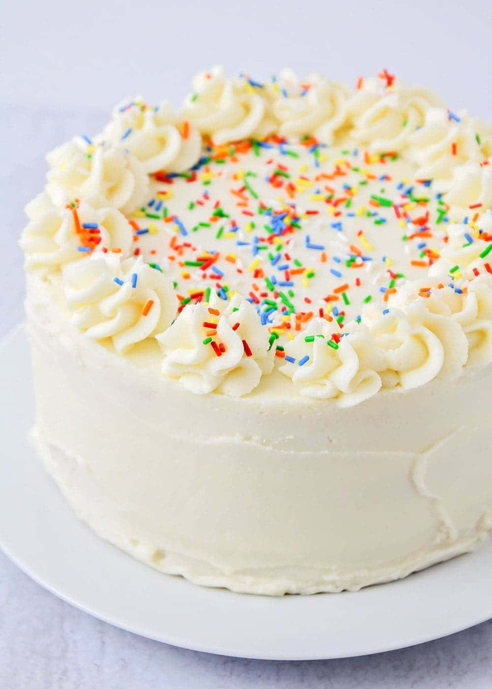 Buttercream 桌布 壁紙 — 一個圓形蛋糕，帶有光滑的白色糖霜和彩色糖粒，放在白色碟子上，背景為淺色。