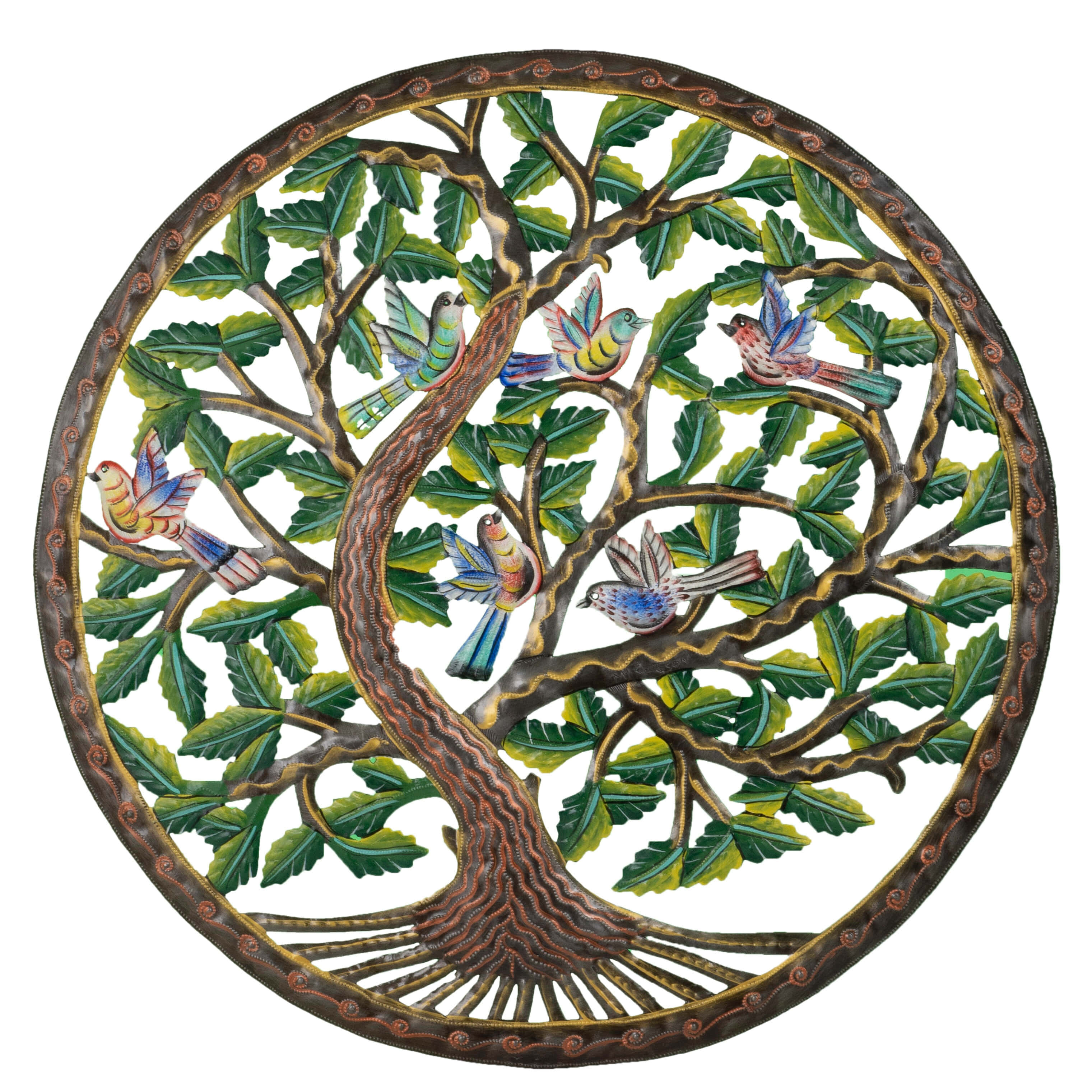 Tree Of Life 桌布 壁紙 — 一個圓形金屬藝術品描繪了一棵風格化的樹，樹枝上有鮮豔的鳥兒棲息，樹根向外伸展。