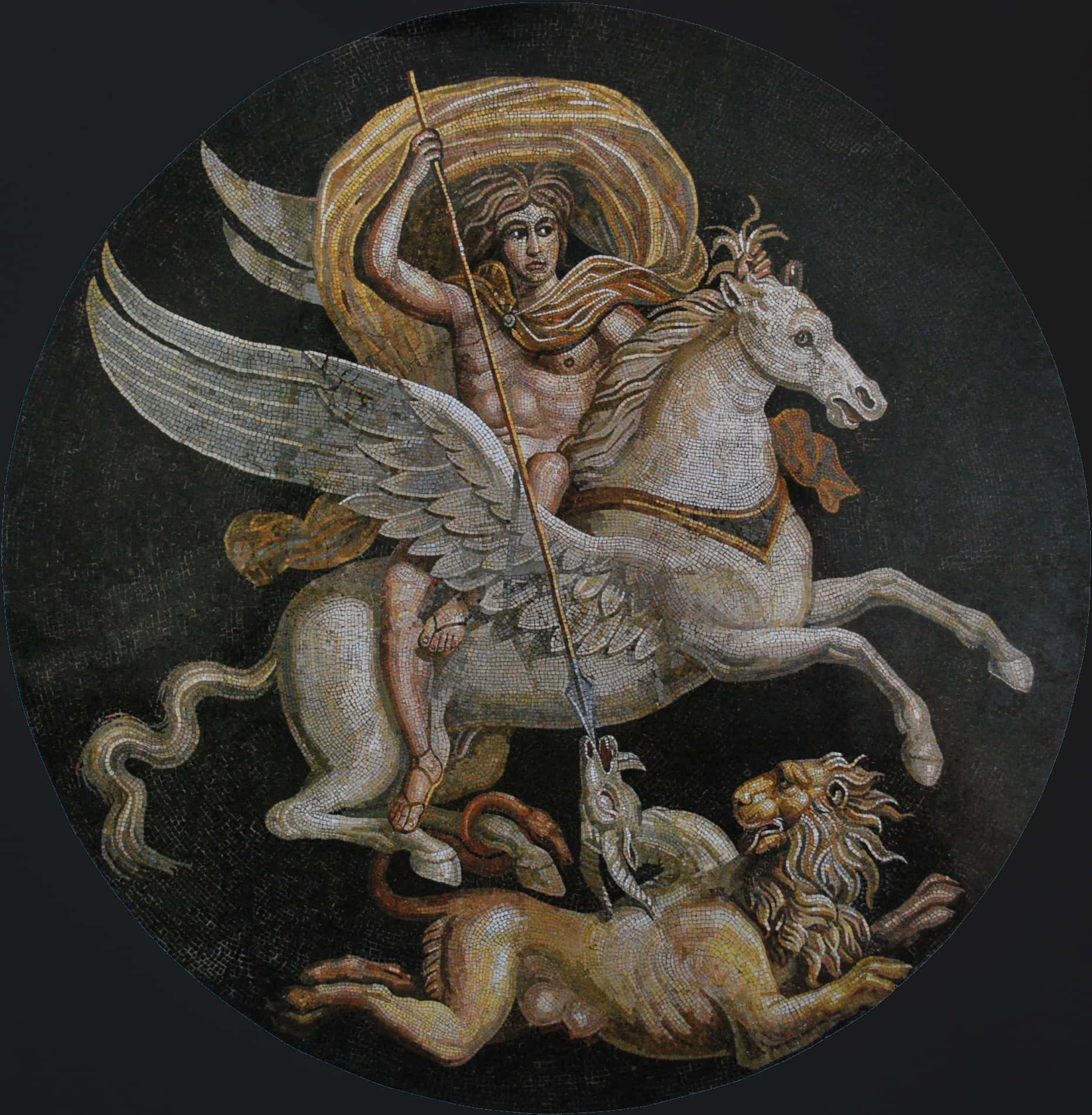 Mythical 桌布 壁紙 — 一個圓形馬賽克描繪了一位帶翼戰士騎著白色帶翼馬，在深色背景下用長矛刺向獅子。