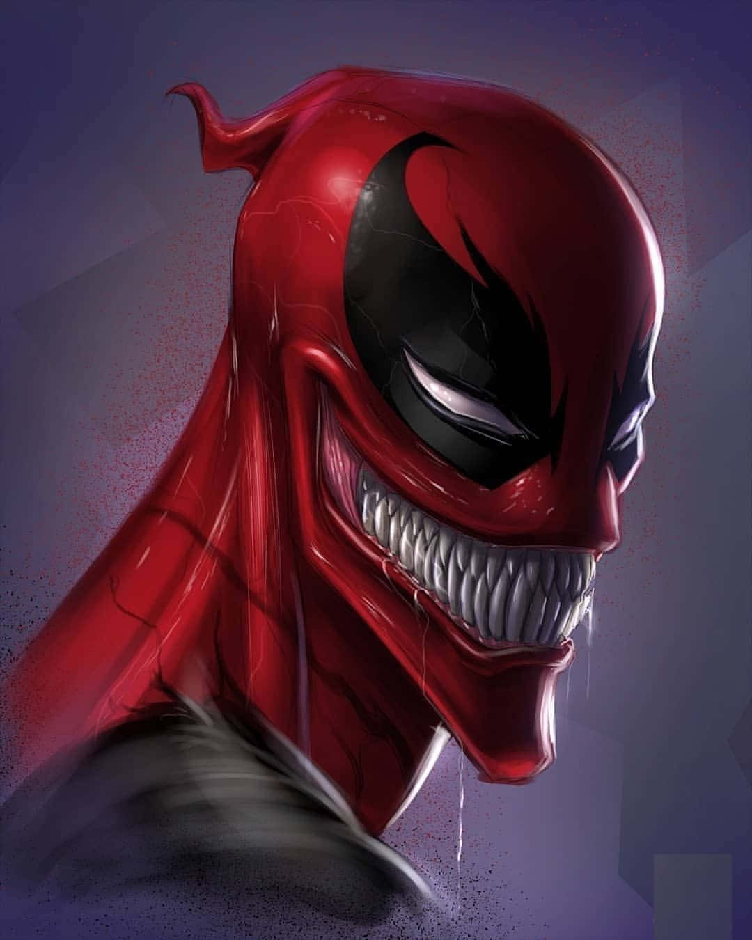 Venomverse 桌布 壁紙 — 一個在深紫色背景上，擁有寬闊露齒笑容和發光白色眼睛的威脅性紅色共生體生物。