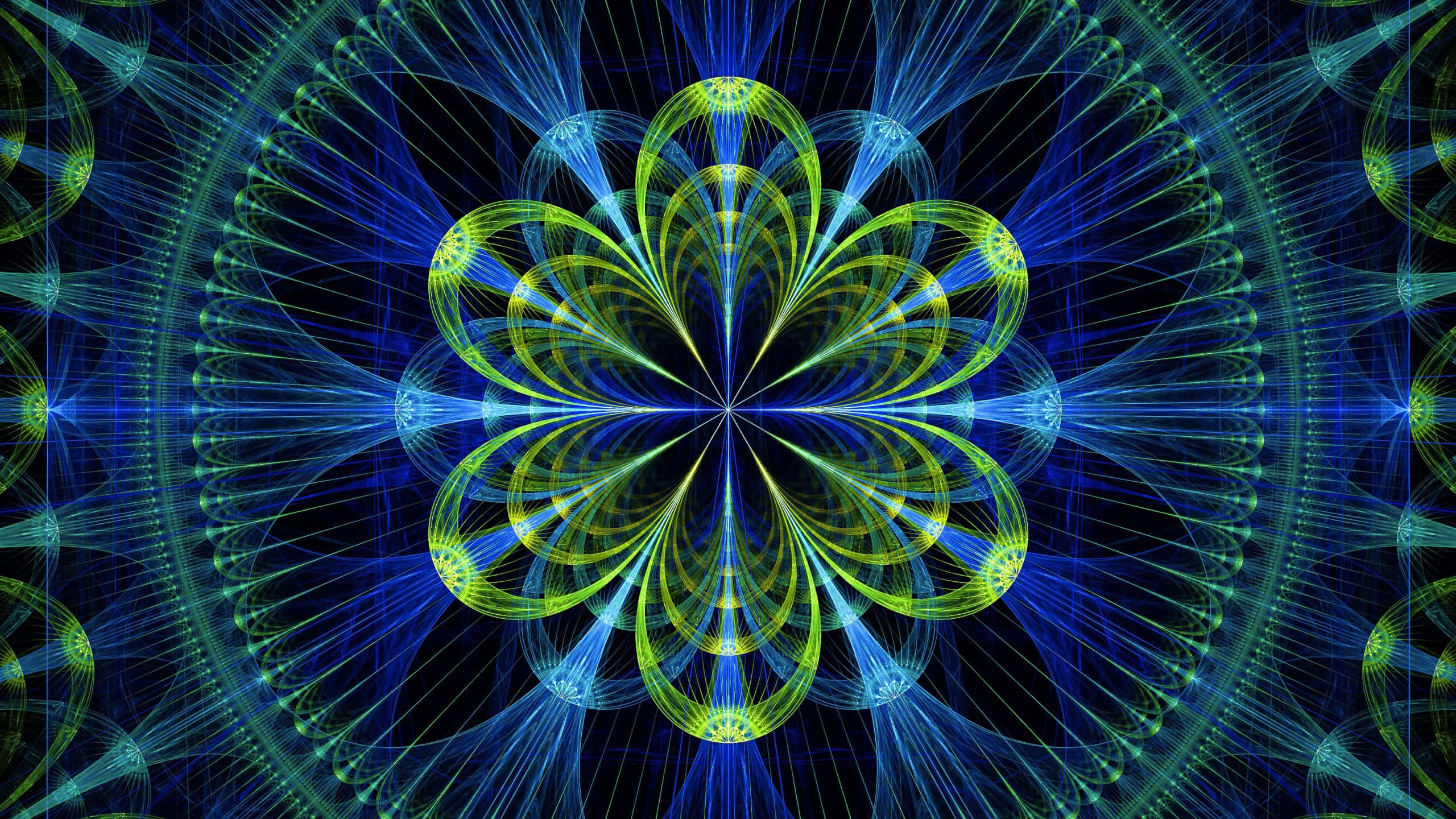 Psychedelic Fractals 桌布 壁紙 — 一個在深色背景上，帶有對稱發光花瓣和放射線的明亮藍綠色分形曼陀羅。