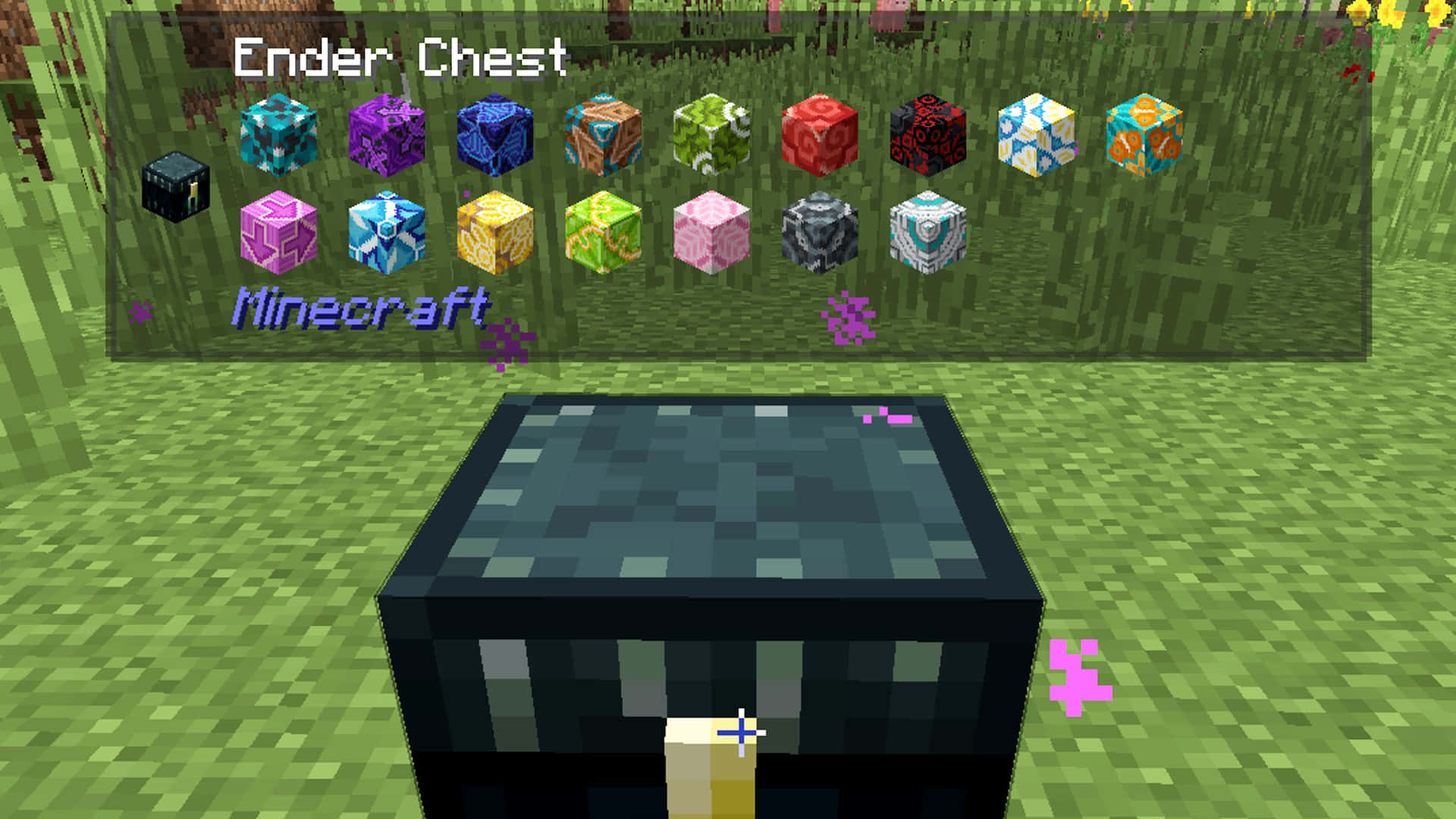 Minecraft Mods 桌布 壁紙 — 一個在草地上打開的Minecraft終界箱，以像素化的第一人稱視角展示色彩繽紛的附魔方塊。