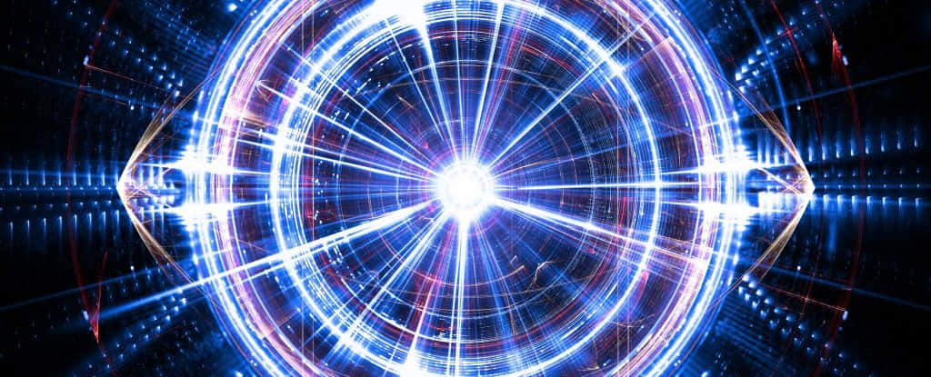Quantum Realm 桌布 壁紙 — 一個在黑暗背景上帶有發光同心圓環和光線條紋的耀眼藍白數碼漩渦。