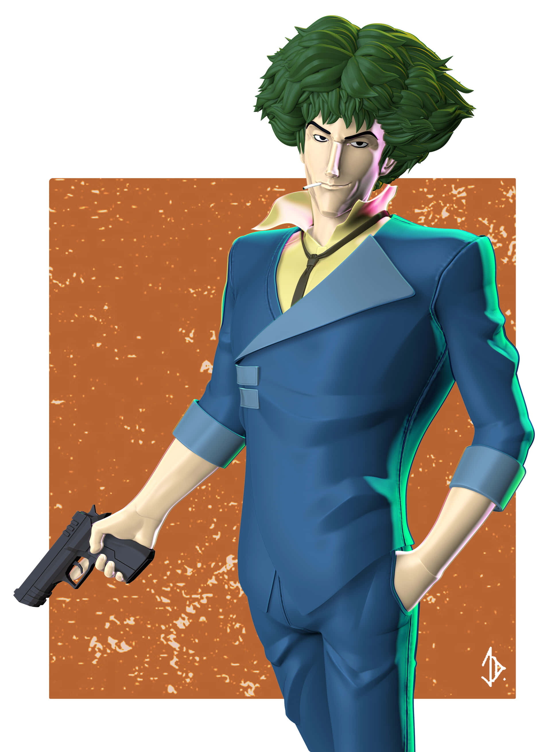 Spike Spiegel 桌布 壁紙 — 一個型格動漫男子，綠髮藍西裝，在紋理橙色背景前持槍。