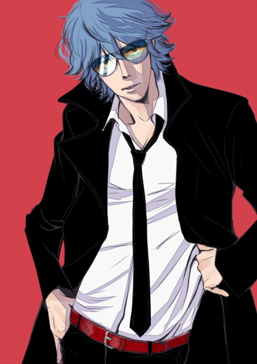Aikuro Mikisugi 桌布 壁紙 — 一個型格動漫男子，藍色頭髮戴太陽眼鏡，自信地穿著黑色外套站在大膽的紅色背景前。