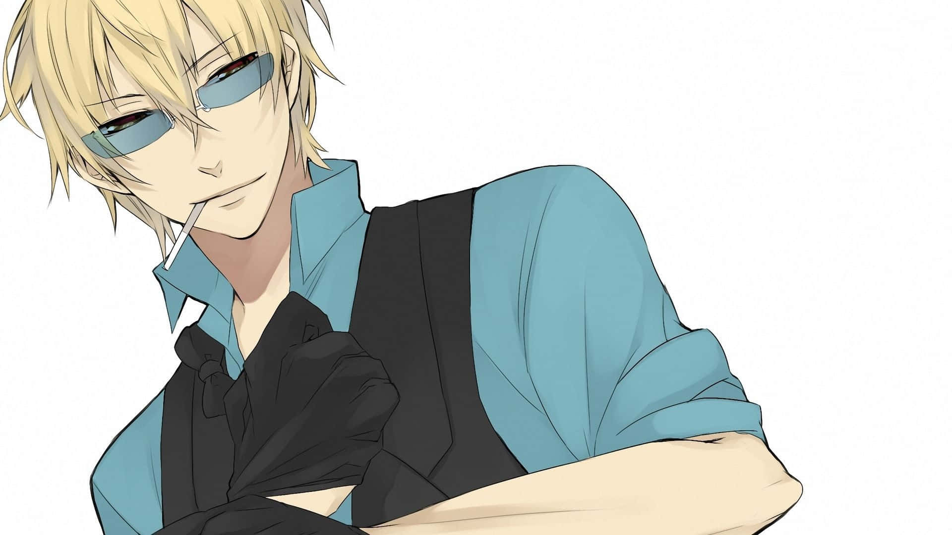 Shizuo Heiwajima 桌布 壁紙 — 一個型格動畫男仔，金髮藍色太陽眼鏡，喺純白背景前叼住煙，露出冷笑。