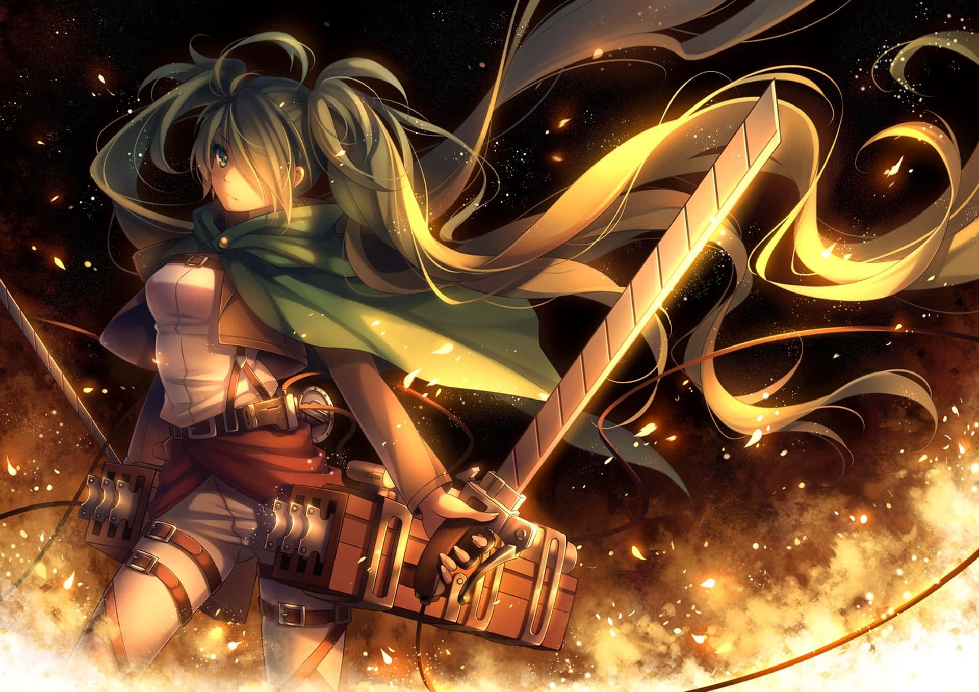 Attack On Titan Video Game 桌布 壁紙 — 一個堅定的動漫女孩，擁有飄逸的綠色頭髮，在黑暗星空背景下，於熾熱火花中揮舞著發光的劍。