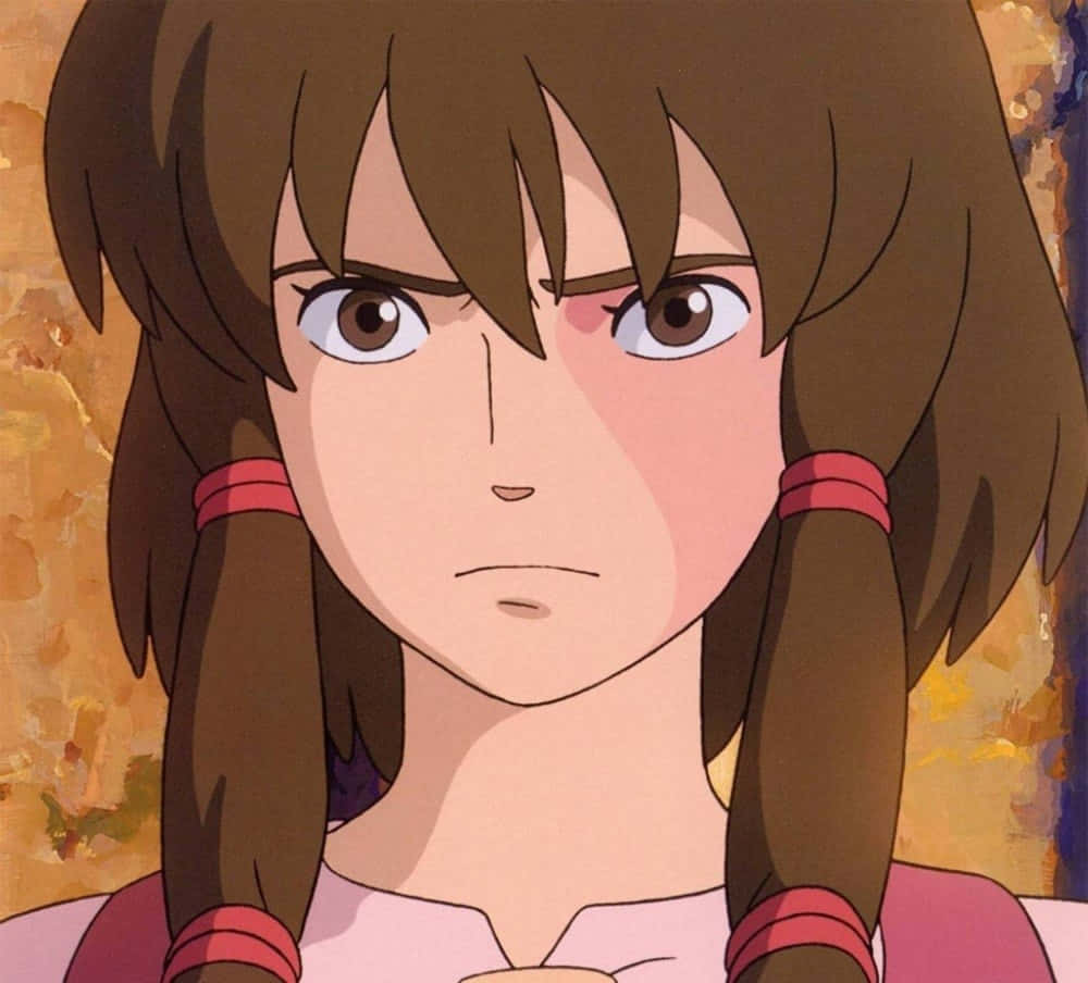 Tales From Earthsea 桌布 壁紙 — 一個堅定的動漫女孩，棕色雙馬尾和紅色髮圈，在溫暖的紋理背景前專注地凝視。