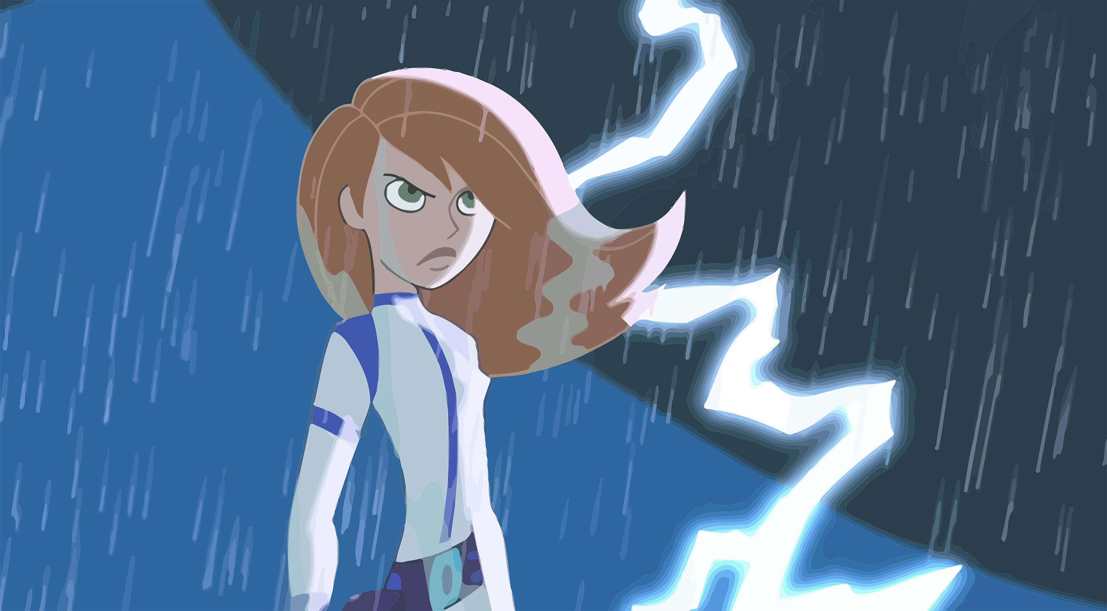 kim possible 桌布 壁紙 — 一個堅定的動漫女孩，棕色頭髮，站在暴風雨中，閃電在她旁邊劈下，背景是深藍色的雨天天空。