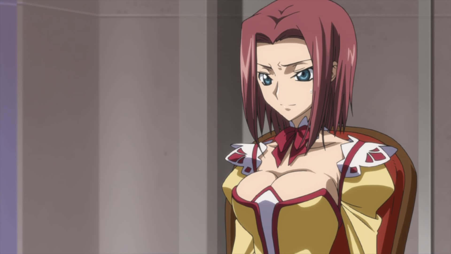 Kallen Stadtfeld 桌布 壁紙 — 一個堅定的動漫女孩，紅髮藍眼，穿著黃紅相間的服裝，坐在室內。