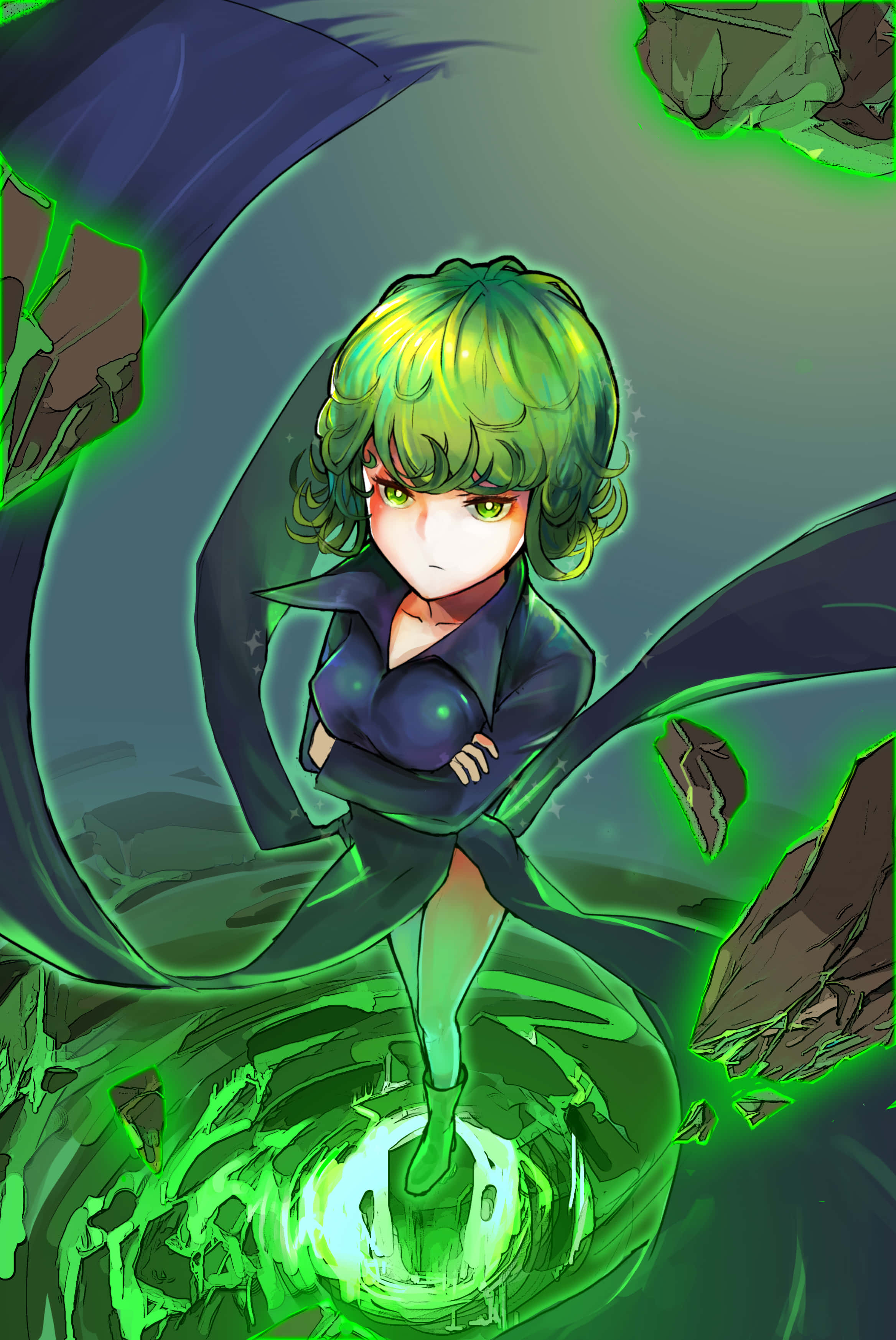 Tatsumaki 桌布 壁紙 — 一個堅定的動漫女孩，綠色頭髮和發光的眼睛，自信地站在一個旋轉的綠色能量漩渦上，周圍環繞著漂浮的岩石。