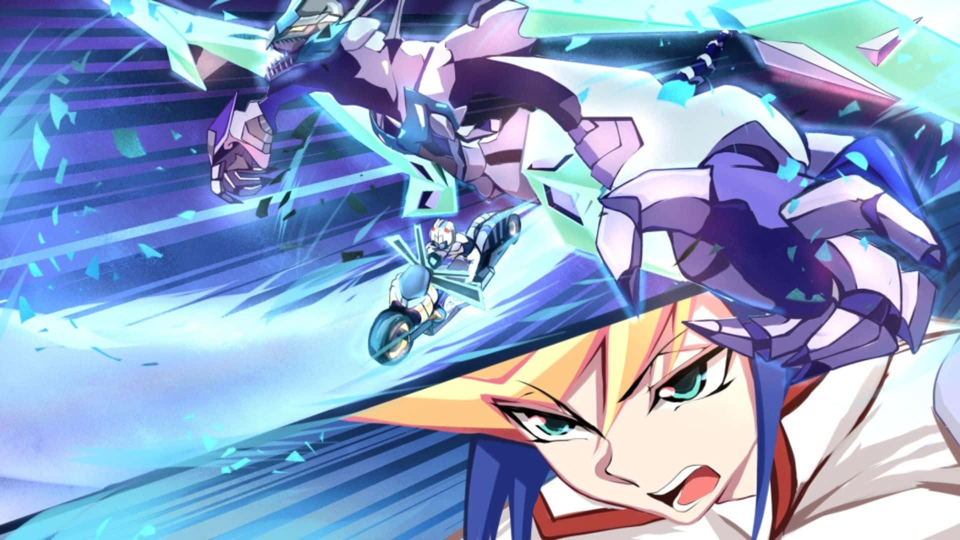 Yu-gi-oh Yugo 桌布 壁紙 — 一個堅定的動漫女孩，藍髮綠眼，騎著摩托車穿過破碎的玻璃隧道，身後有一個巨大的紫色機械人潛伏著。
