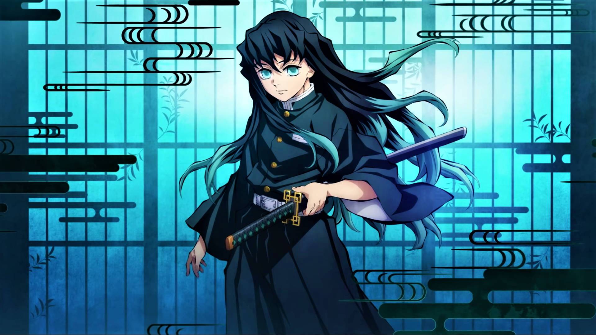 Muichiro 桌布 壁紙 — 一個堅定的動漫女孩，長著黑色長髮和藍色眼睛，手持劍，背景是風格化的藍色竹籬笆。