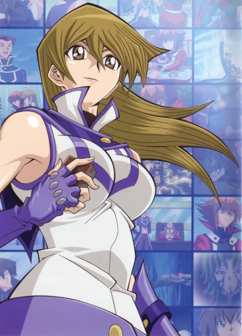 Alexis Rhodes 桌布 壁紙 — 一個堅定的動漫女孩，長長嘅棕色頭髮，穿著白色同紫色嘅服裝，喺藍色嘅其他角色網格前面揸住一張卡。