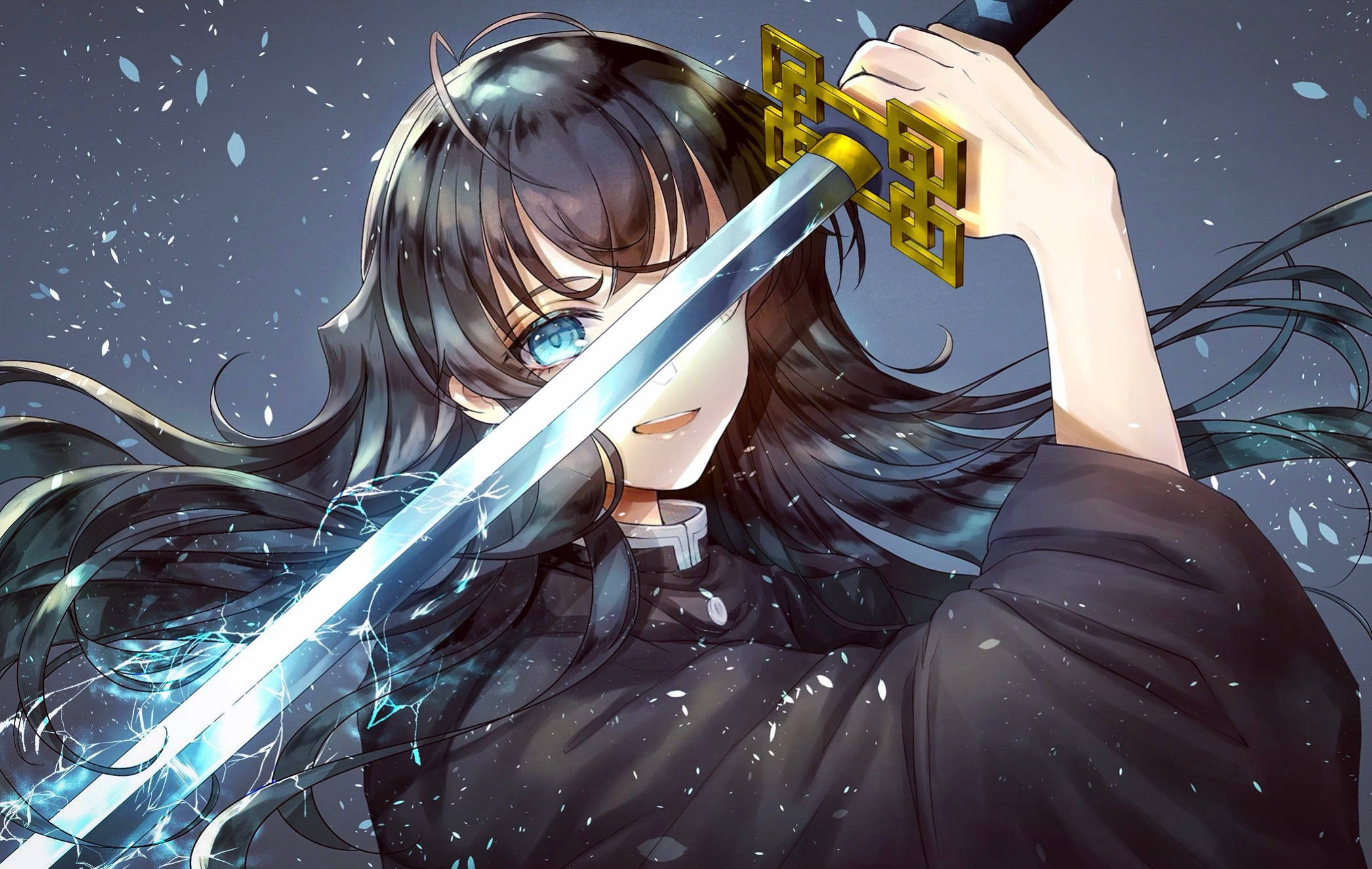 Muichiro 桌布 壁紙 — 一個堅定的動漫女孩，長長的黑髮，在黃昏的天空下，揮舞著發光的劍，周圍是飄落的花瓣。