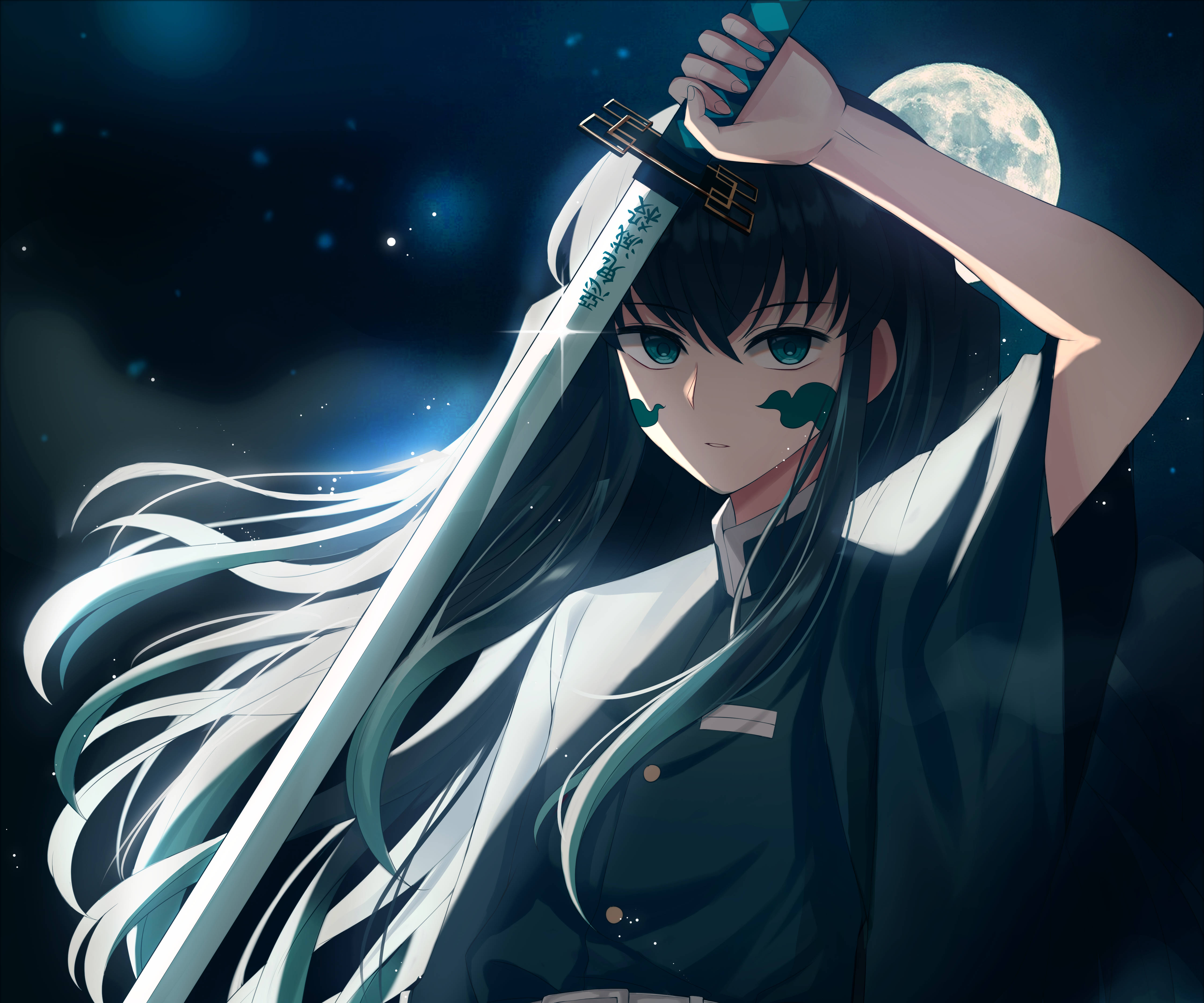 Muichiro 桌布 壁紙 — 一個堅定的動漫女孩，長長的黑髮，在滿月下，對著繁星點點的夜空，手持一把發光的劍。