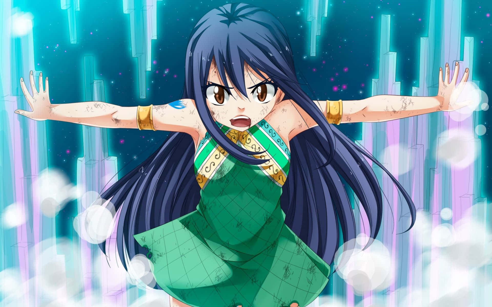 Wendy Marvell 桌布 壁紙 — 一個堅定的動漫女孩，長長的黑髮和綠色連衣裙，在發光的垂直光束和閃爍的粒子中張開雙臂站立。