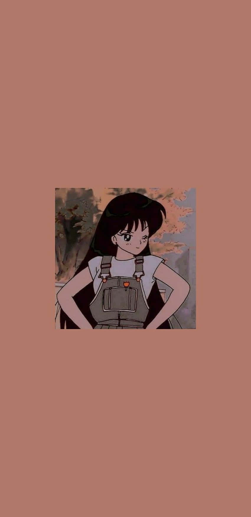sailor mars 桌布 壁紙 — 一個堅定的動漫女孩，長長的黑髮和工裝褲，自信地站在柔和的秋季背景前。