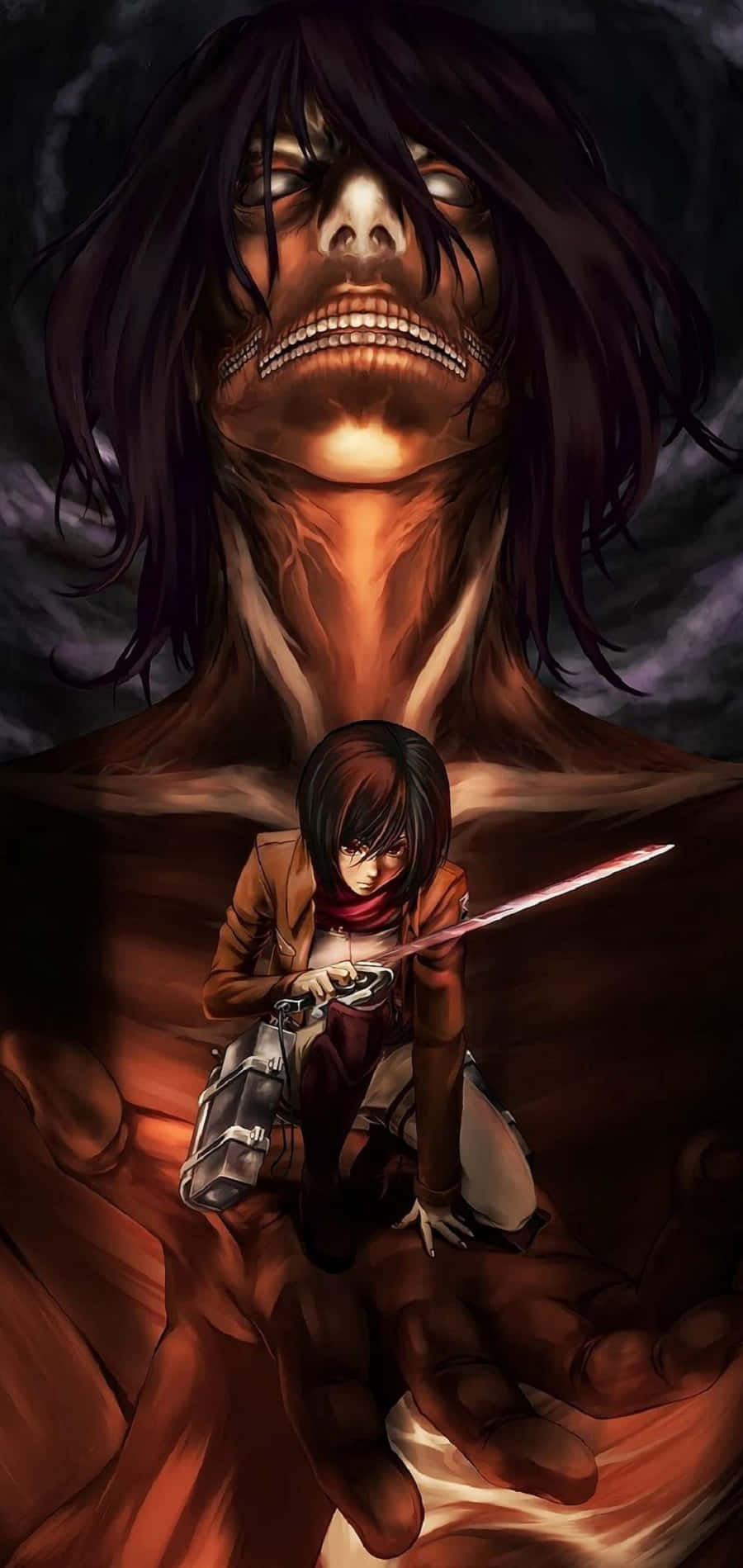 Titan Shifters 桌布 壁紙 — 一個堅定的動漫女孩在暴風雨的天空下，棲息在一個高聳、威嚇的巨人巨手上揮舞著劍。