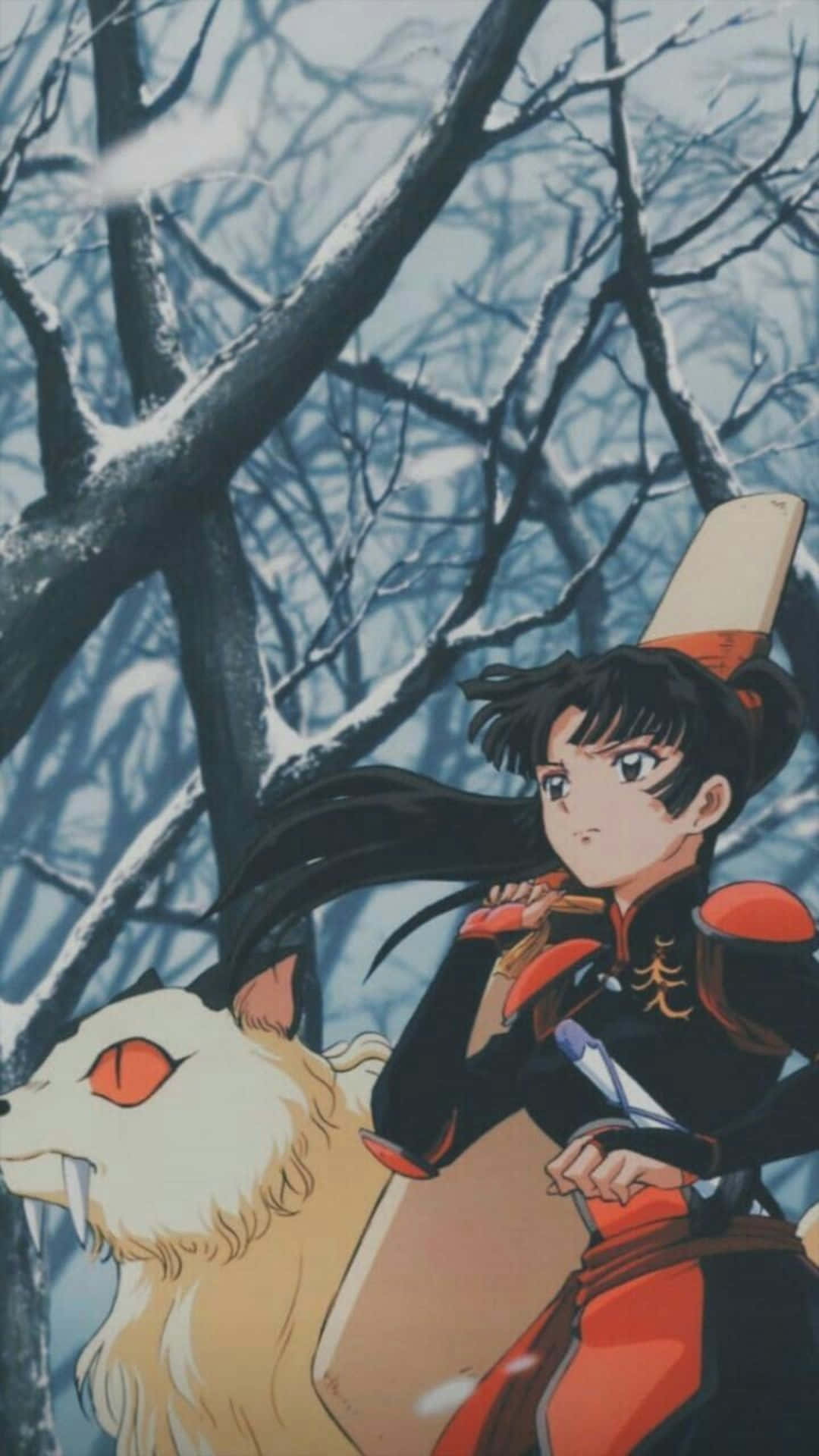 Sango 桌布 壁紙 — 一個堅定的動漫女孩穿著紅色和黑色盔甲，站在一隻紅眼白狐旁邊，背景是積雪的裸樹。