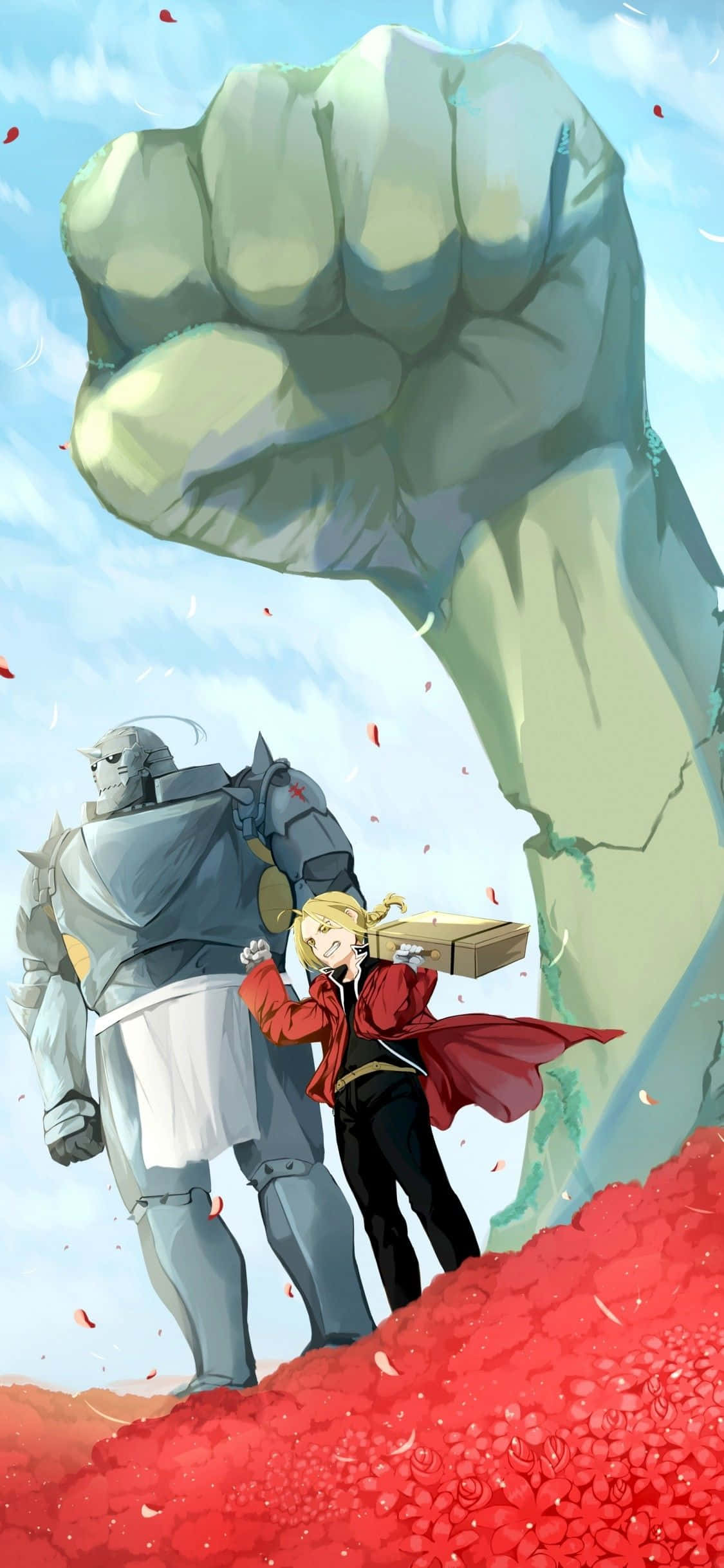edward elric 桌布 壁紙 — 一個堅定的動漫女孩穿著紅色外套，站在一個巨大的裝甲騎士旁邊，在一個巨大的石拳下，背景是天空飄落紅色花瓣。