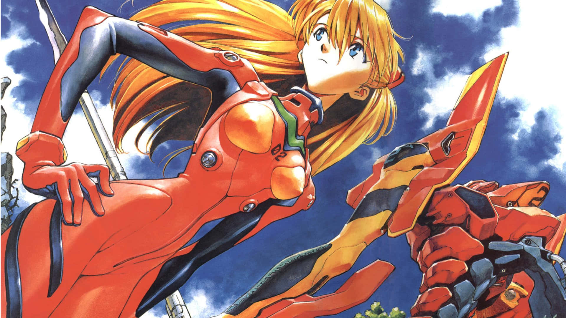 Asuka Langley Soryu 桌布 壁紙 — 一個堅定的動漫女孩穿著紅色插頭服，站在她的橙色和黃色機甲旁邊，背景是戲劇性的藍天。