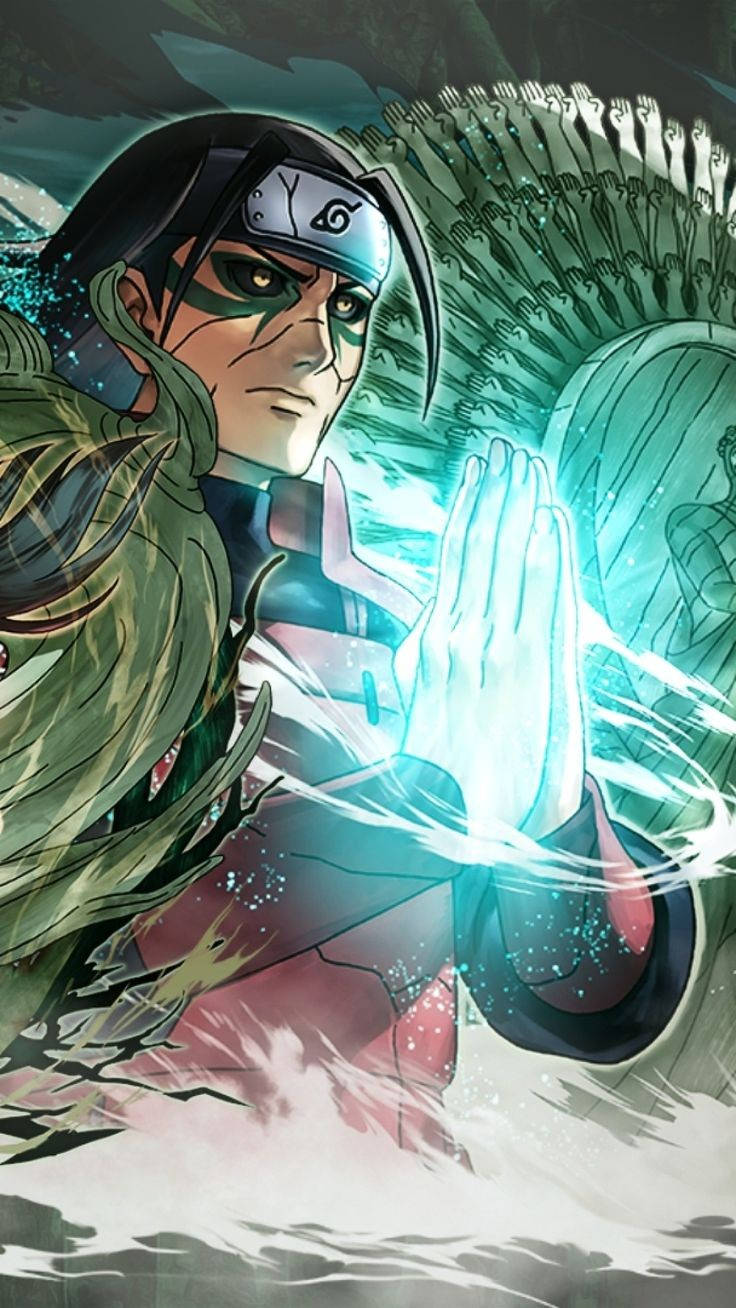 hashirama 桌布 壁紙 — 一個堅定的動漫忍者，在暴風雨背景下通過雙手引導發光的藍色查克拉。