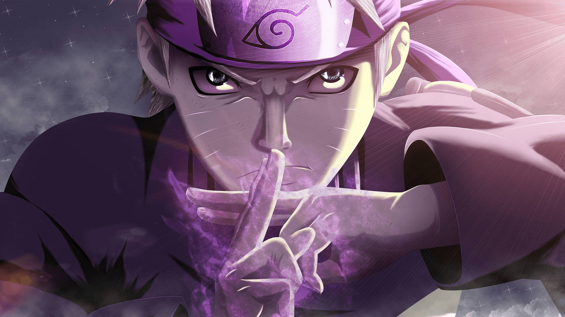 naruto hand signs 桌布 壁紙 — 一個堅定的動漫忍者，紫色頭髮和頭帶，在繁星點點的暮色天空下將手指放在嘴唇上。