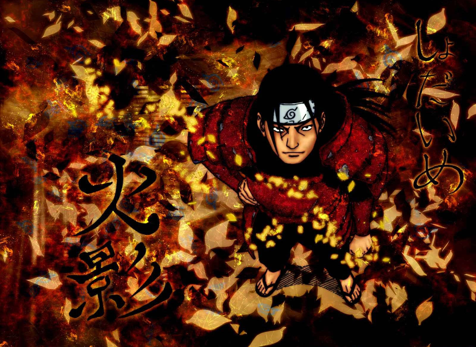 Naruto Anime 桌布 壁紙 — 一個堅定的動漫忍者，身穿紅色盔甲，站在旋轉的金色樹葉和熾熱的橙色火焰之中。