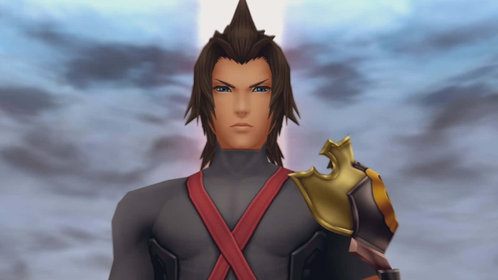 Kingdom Hearts Terra 桌布 壁紙 — 一個堅定的動漫戰士，擁有尖刺的棕色頭髮和紅色帶子，站在多雲的天空下。