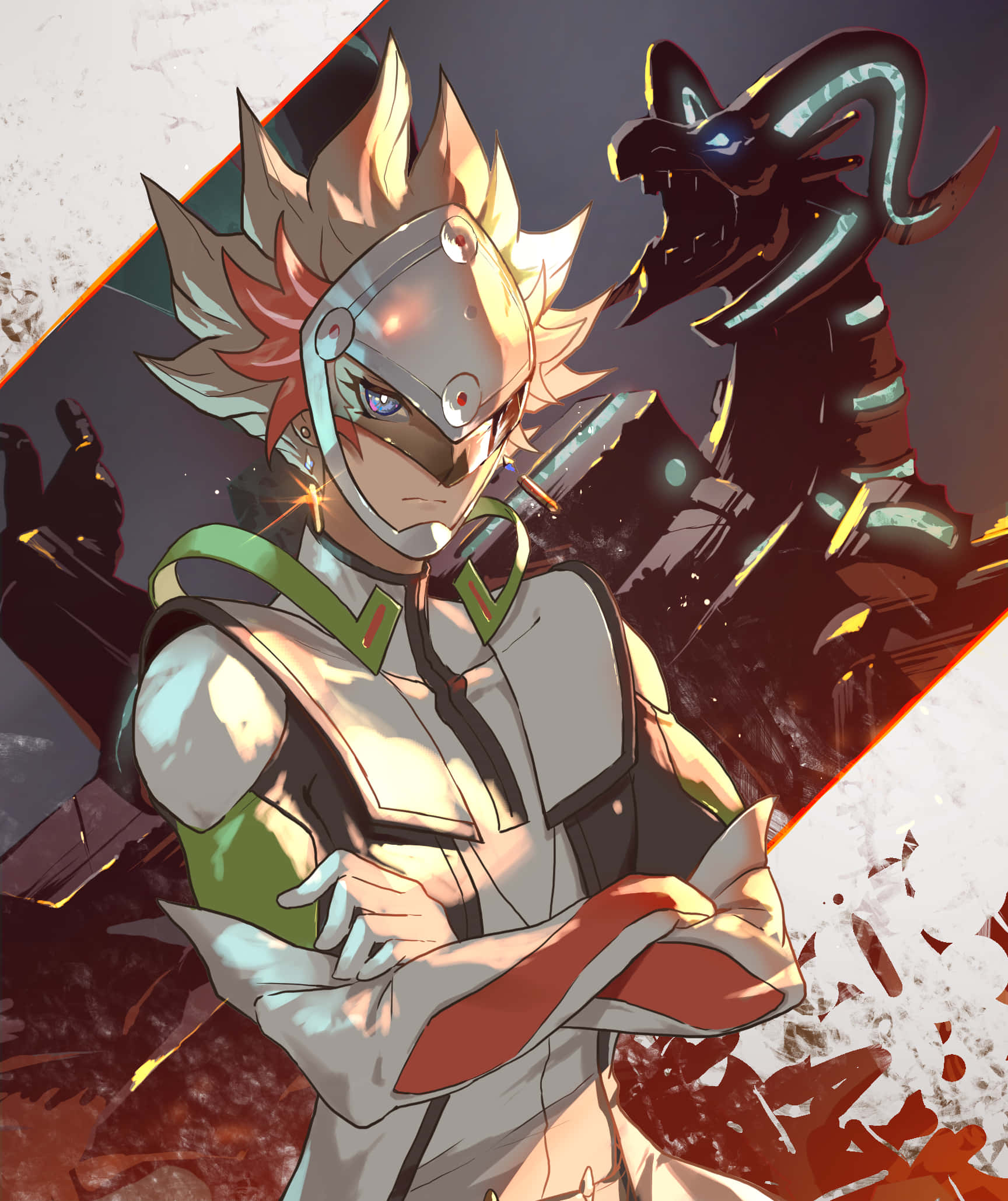 Ryoken Kogami 桌布 壁紙 — 一個堅定的動漫戰士，有著尖刺頭髮和頭盔，自信地站在一個發光的機械龍旁邊，在一個破碎的、熾熱的戰場上。