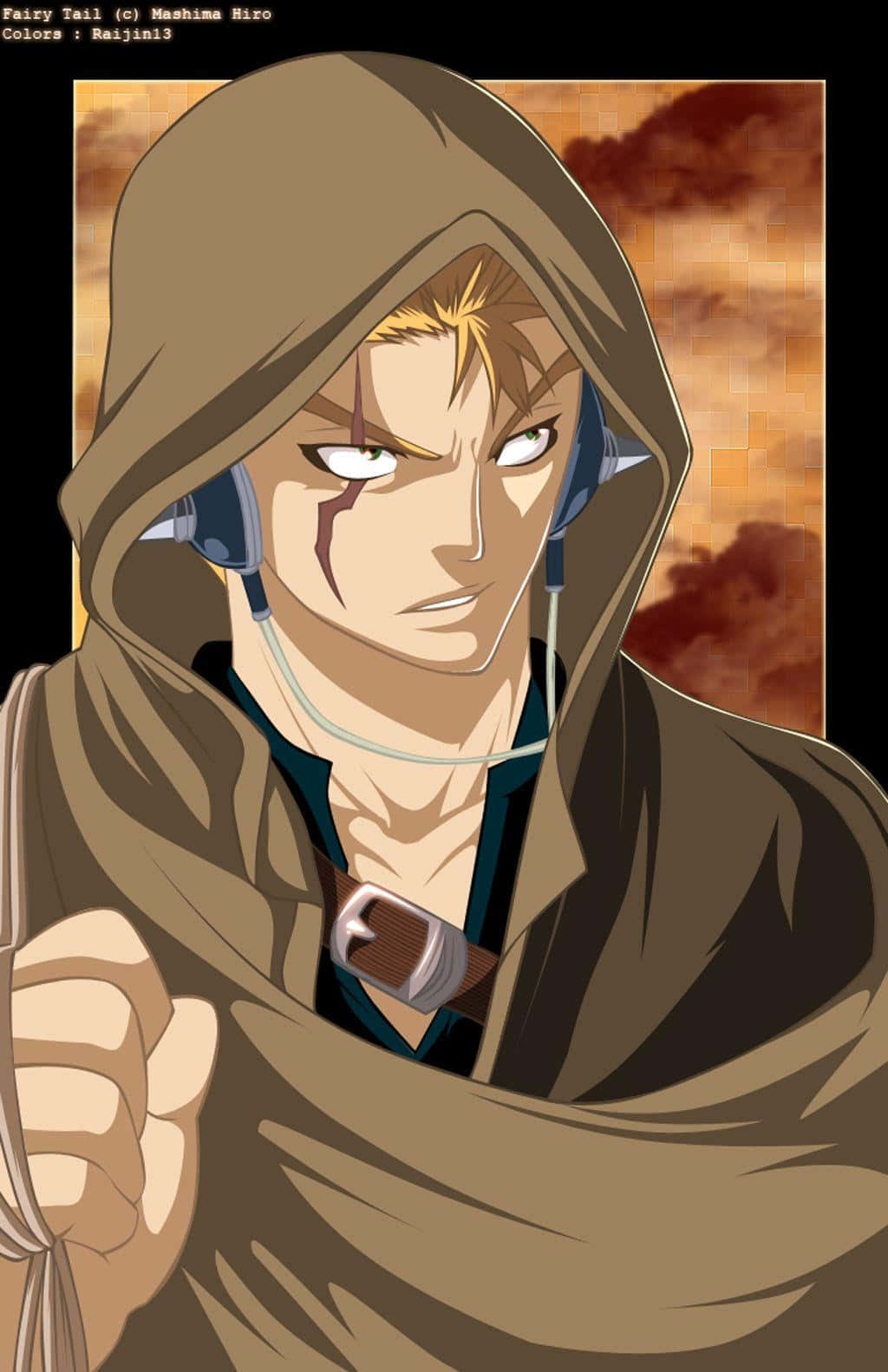 Laxus Dreyar 桌布 壁紙 — 一個堅定的動漫戰士，身穿棕色連帽斗篷，在熾熱的夕陽天空下握緊拳頭。