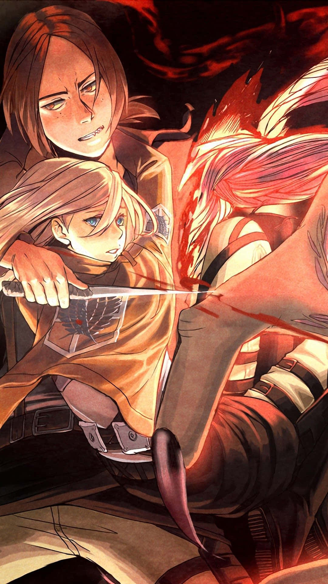 Ymir 桌布 壁紙 — 一個堅定的動漫戰士保護著一個年輕女孩，而一個巨大的紅色巨人向前猛衝，場景充滿火焰般的戰鬥。