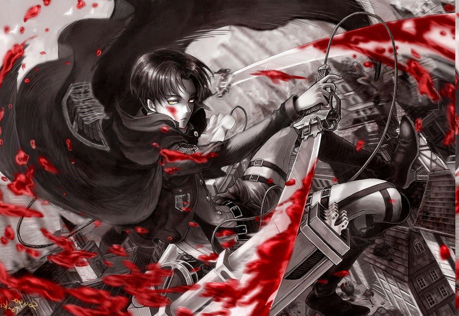 Levi Ackerman Desktop 桌布 壁紙 — 一個堅定的動漫戰士用劍劃破空氣，深紅色的血液在單色城市背景下戲劇性地飛濺。
