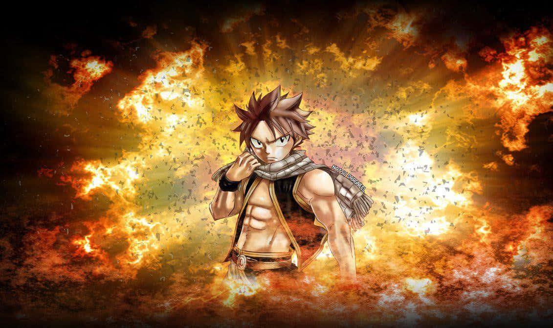 natsu dragneel 桌布 壁紙 — 一個堅定的動漫戰士站在熾熱的爆炸中，發光的餘燼在他周圍旋轉。