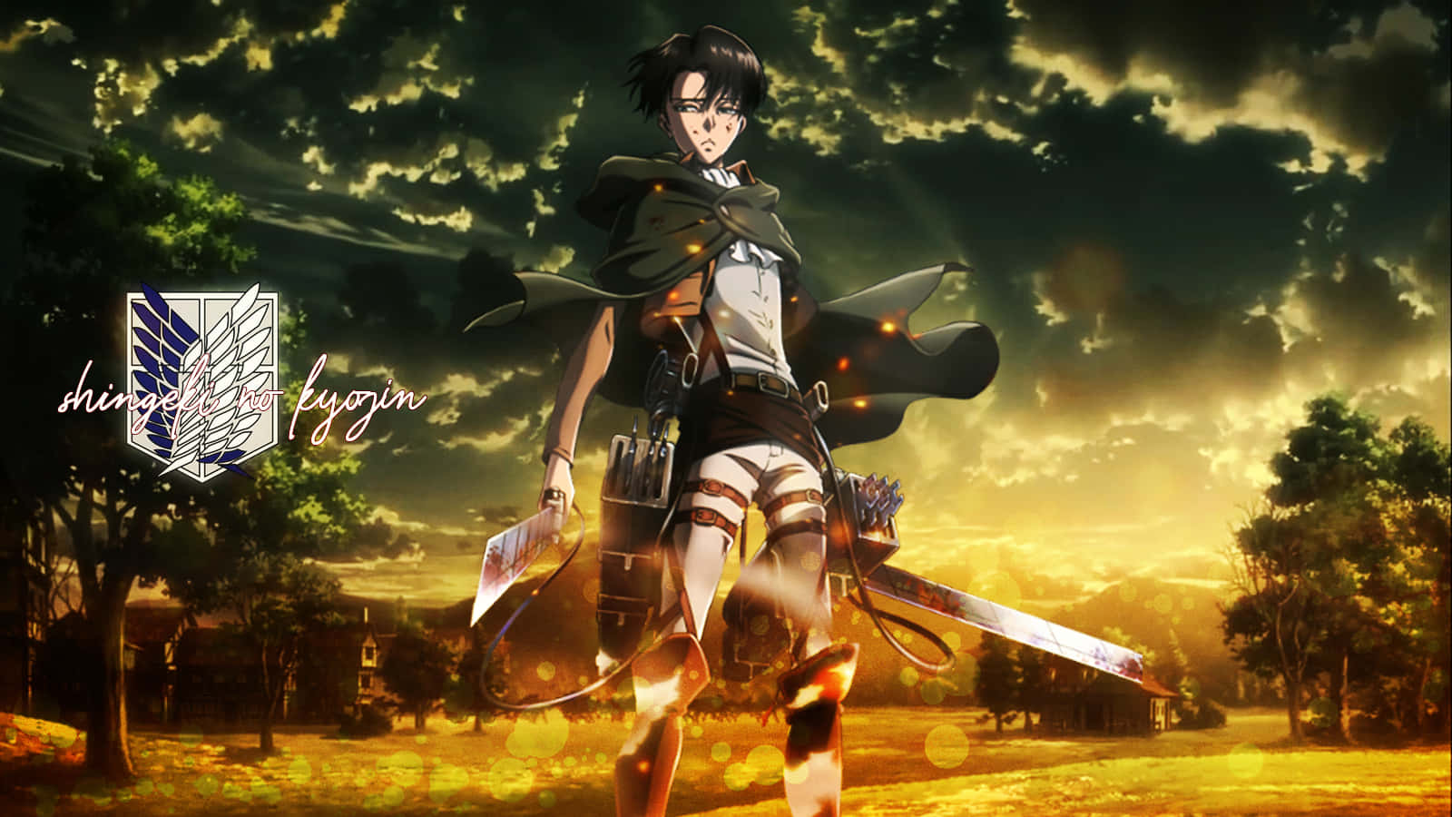Attack On Titan Season 3 桌布 壁紙 — 一個堅定的動漫戰士站在金色的田野中，在日落時分揮舞著發光的劍，背景是戲劇性的雲層。