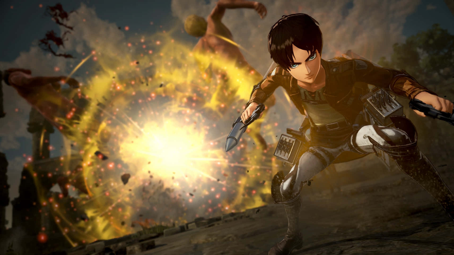Aot 2 Final Battle 桌布 壁紙 — 一個堅定的動漫戰士裝備齊全向前衝刺，身後巨大的爆炸在陰雲密佈的天空中爆發。